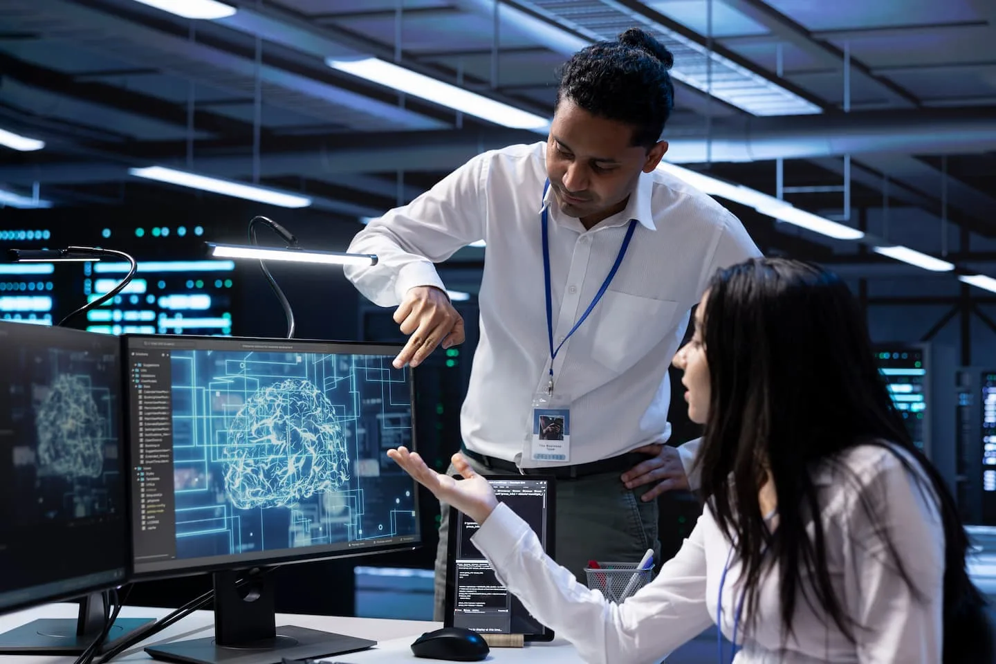 Engineers working together in a data centre