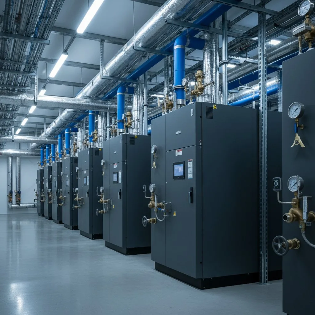 Data centre HVAC: CRAH air handling units and chilled water pipework