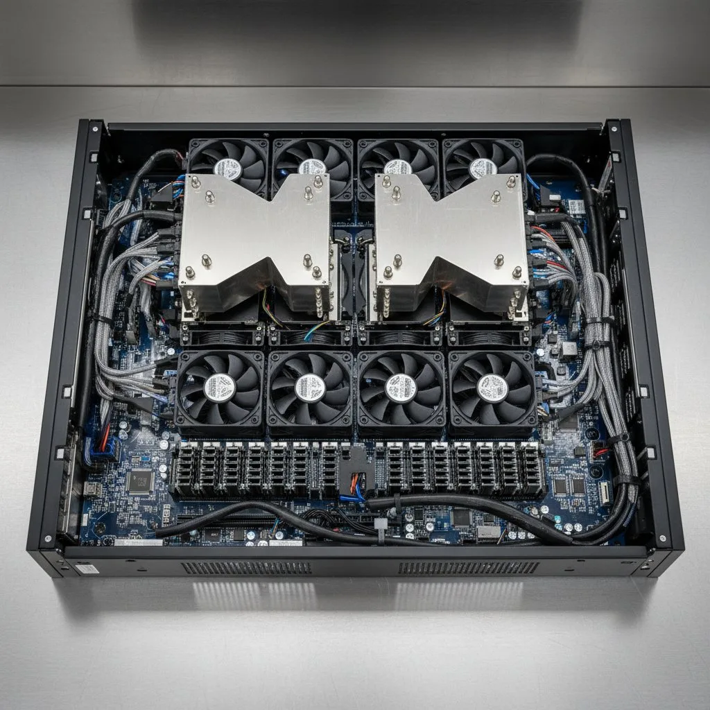 Supermicro server chassis open showing motherboard, heatsinks and fans