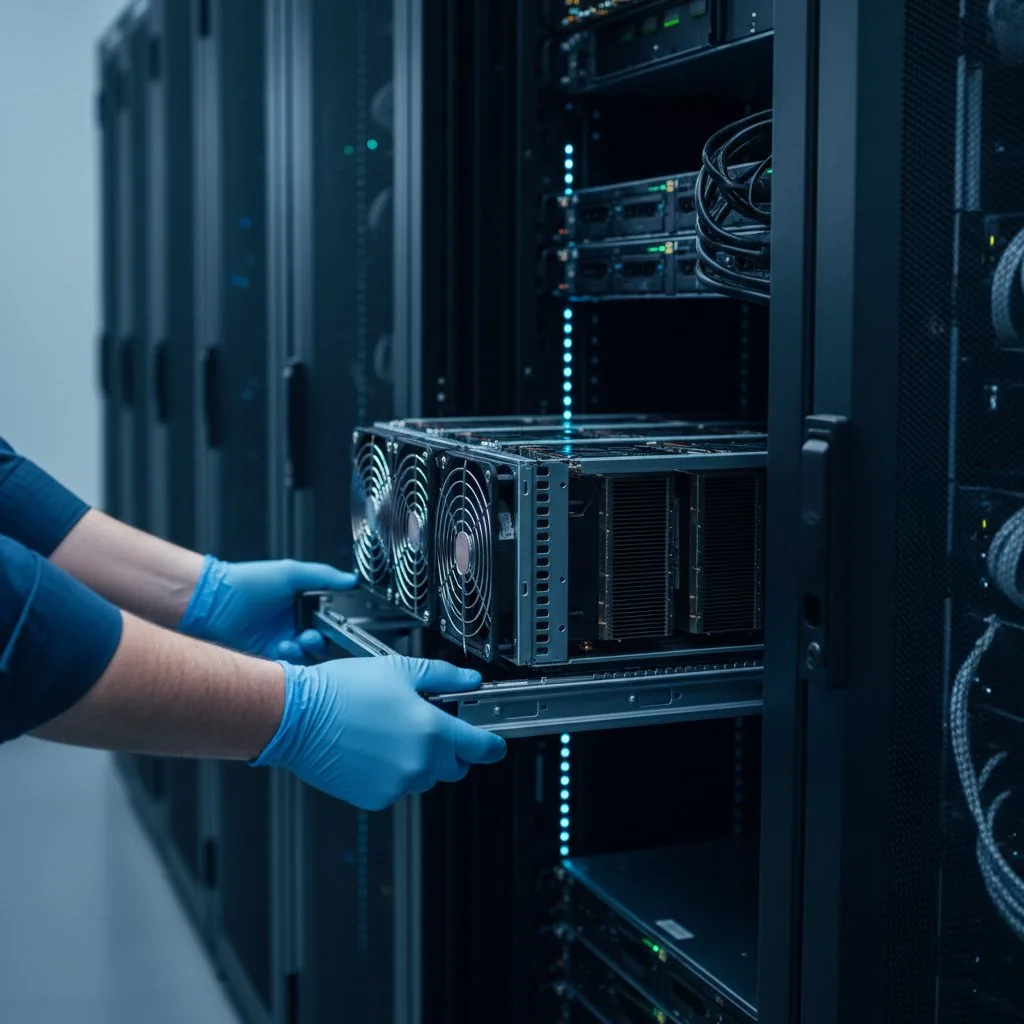 Supermicro systems: GPU server chassis being mounted into a data centre rack